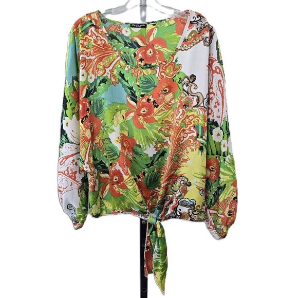 cha cha vente Tops - Cha Cha Vente Scoop Neck Tie Front Long Sleeve Multicolor Top XL